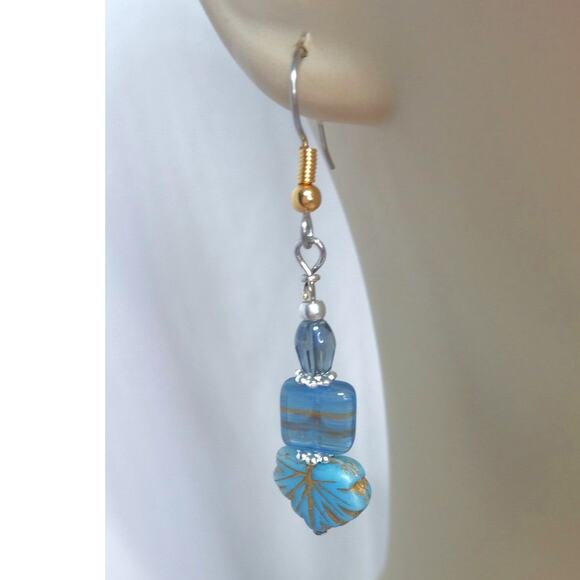 Artisan Blue Fall Glass Earrings Dangle Autumnal Silver Tone Accents Beaded NEW - Picture 9 of 10